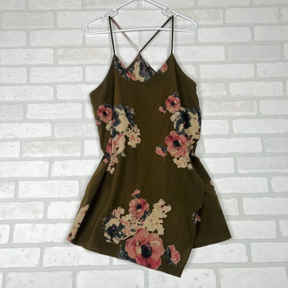 Intimately Free People XS Olive Green Floral Cami Cross Back Spaghetti Strap Top